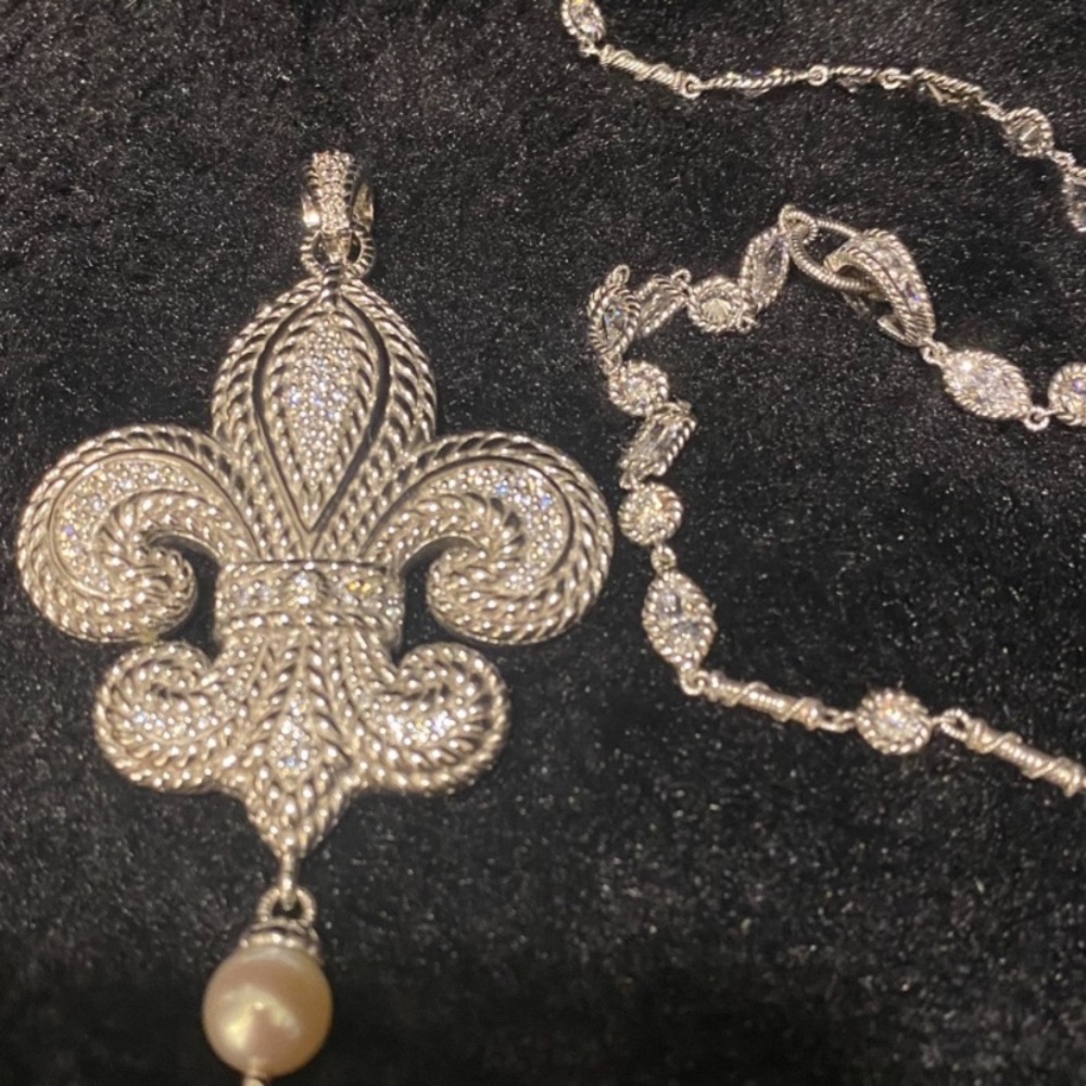 Judith Ripka Elegant Silver Fleur-de-Lis Pendant - pin  enhancer Necklace 24” CZ
